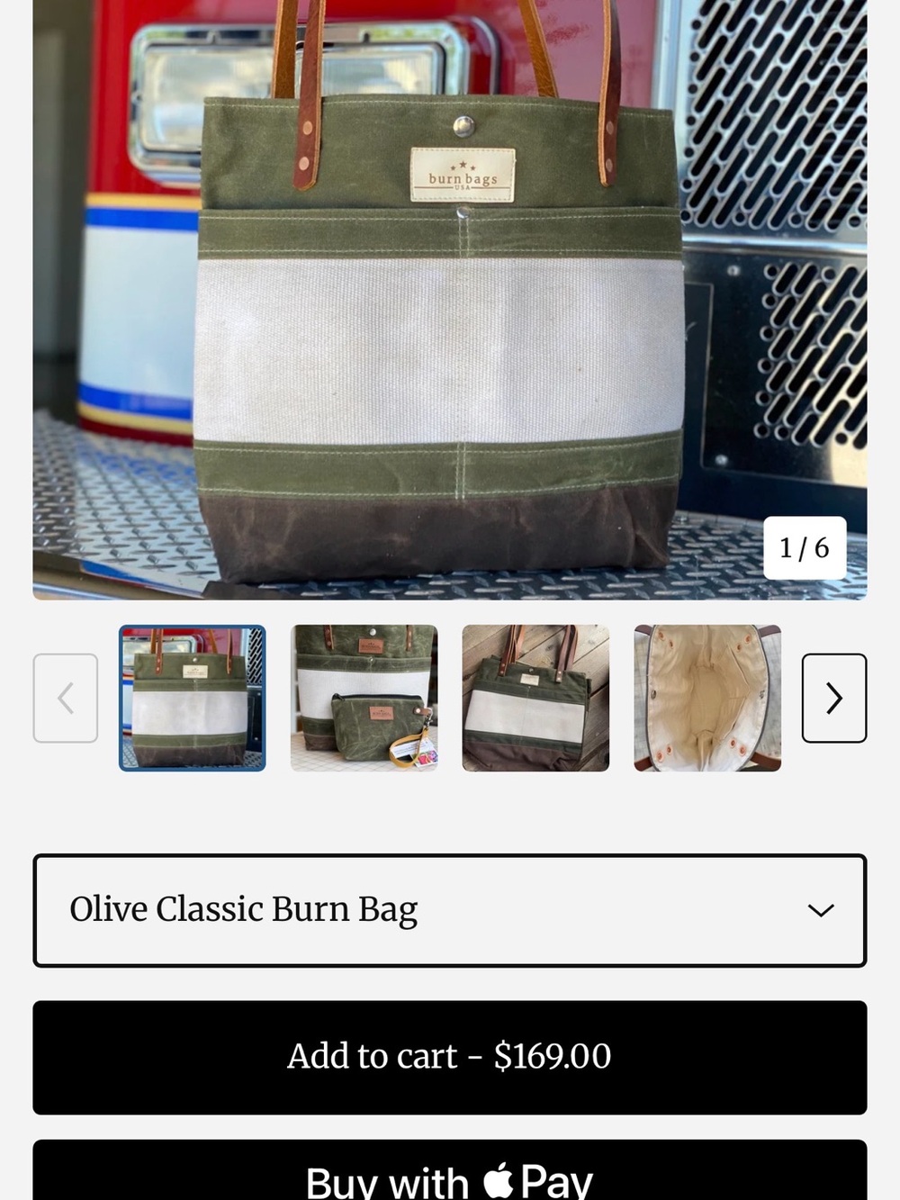 Canvas Tote with Leather Straps in Olive Green, Cream & Dark Brown - Picture 6 of 8